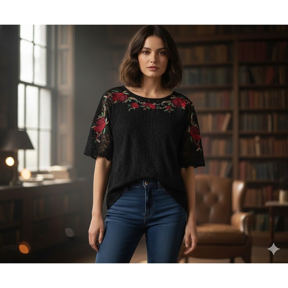 Tops - Lace Embroidered Rose Top Womens S Black Whimsigoth Sheer Oversized Elegant Goth